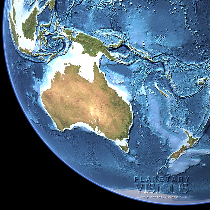 Cloud-free view of Australia with ocean depth.