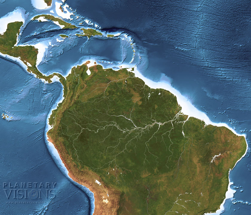 South America  - satellite + bathymetry