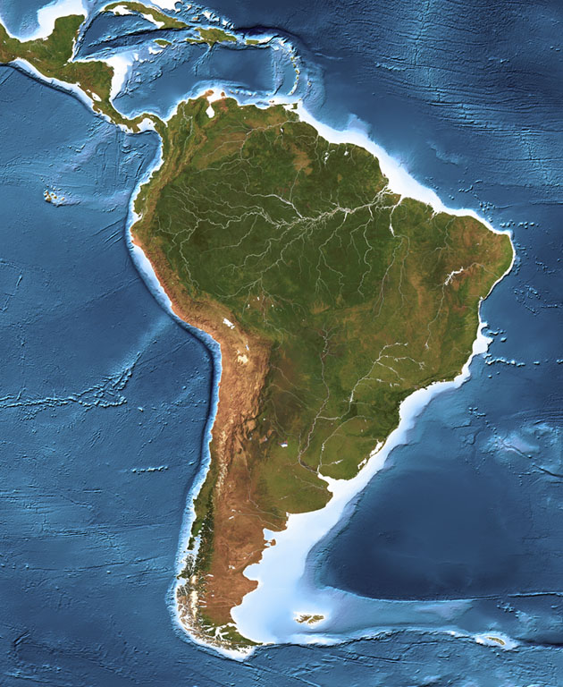 Cloud-free view of South America with ocean depth.