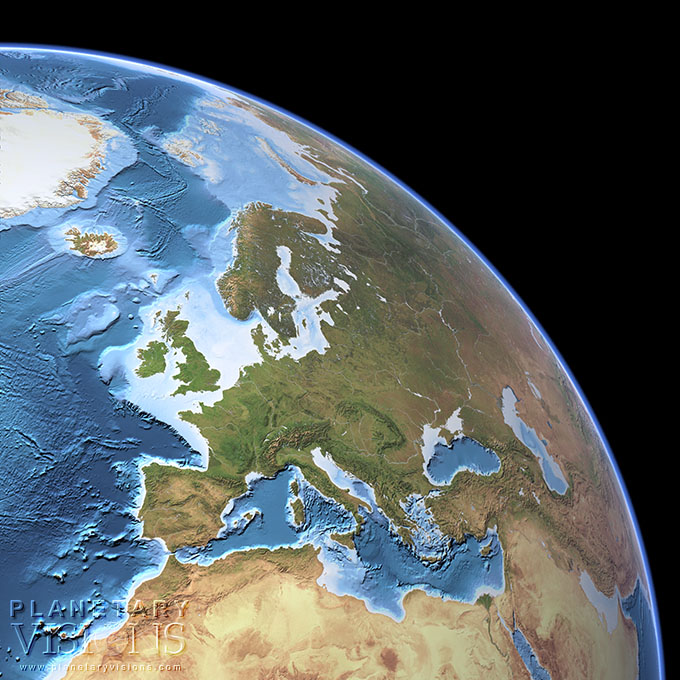 Cloud-free view of Europe with ocean depth.
