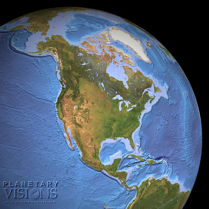 Cloud-free view of North America with ocean depth.