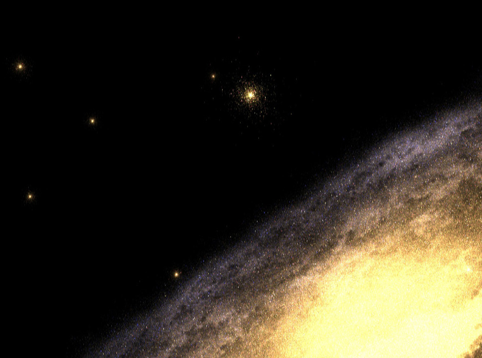 Rendered 3D view of our galaxy showing core and globular clusters