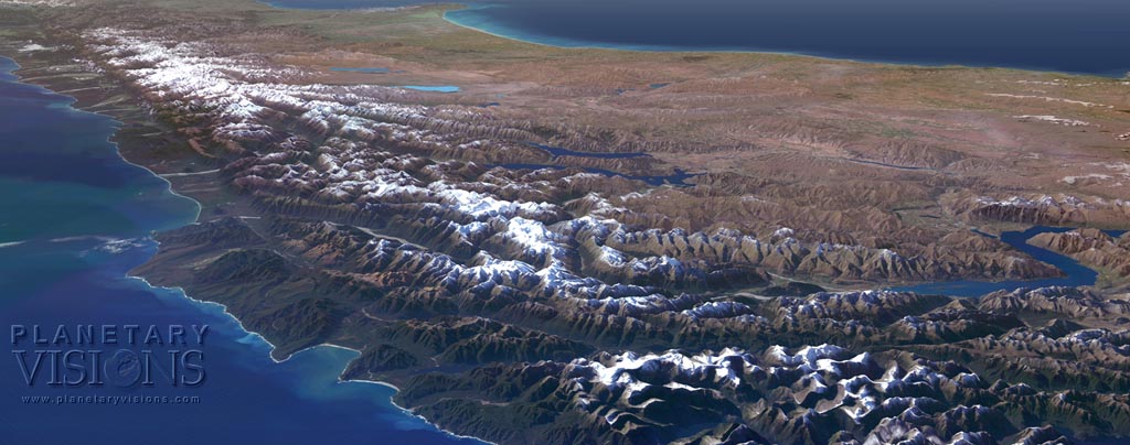 Simulated view of the Southern Alps, New Zealand