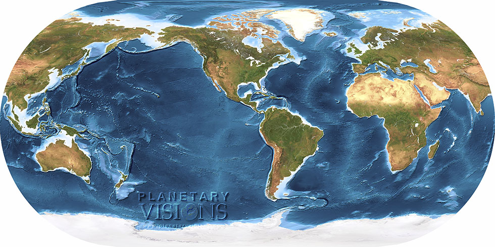 World texture map with bathymetry, centred on North America.