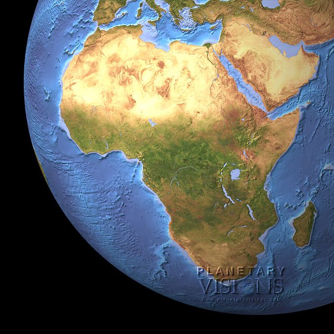 Cloud-free view of Africa with ocean depth.