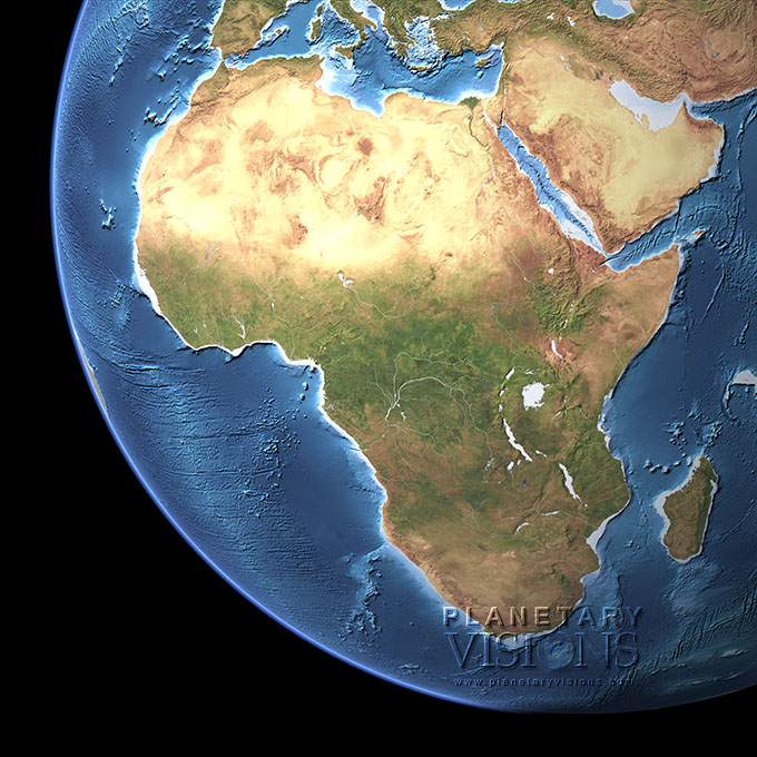 Cloud-free view of Africa with ocean depth.