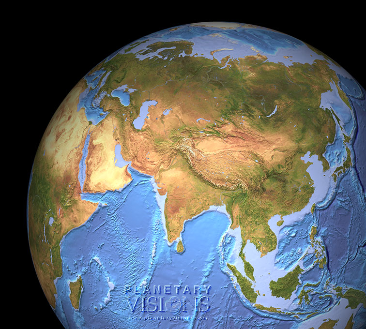 Cloud-free view of Asia with ocean depth.