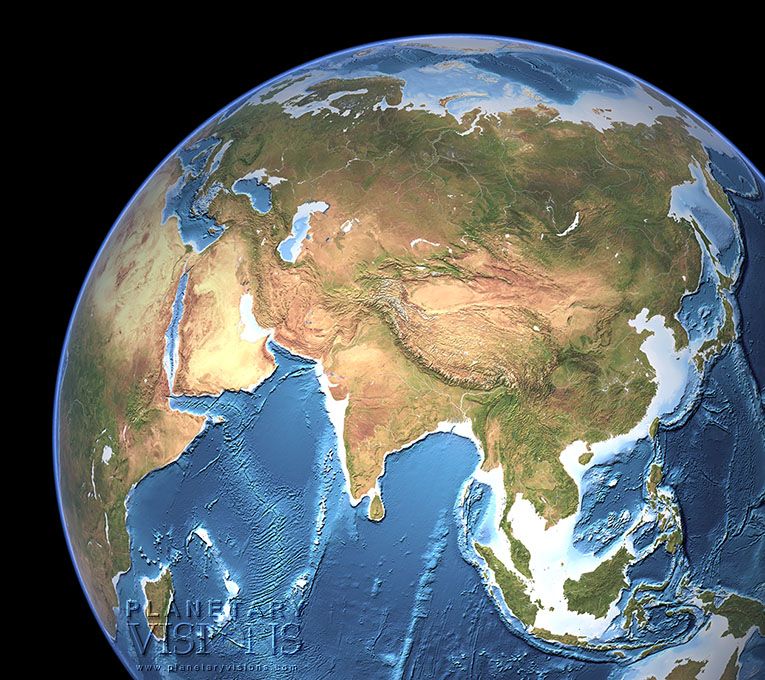Cloud-free view of Asia with ocean depth.