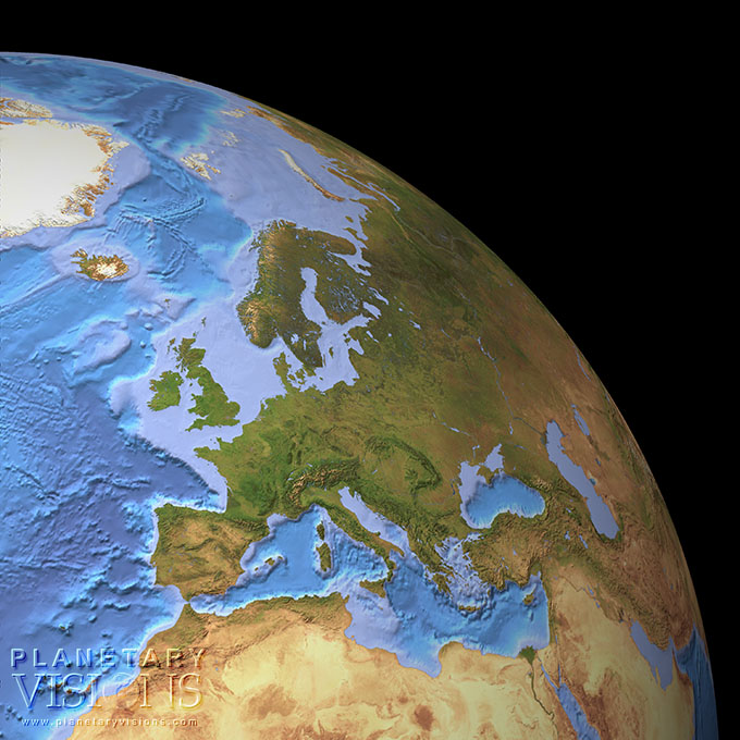 Cloud-free view of Europe with ocean depth.
