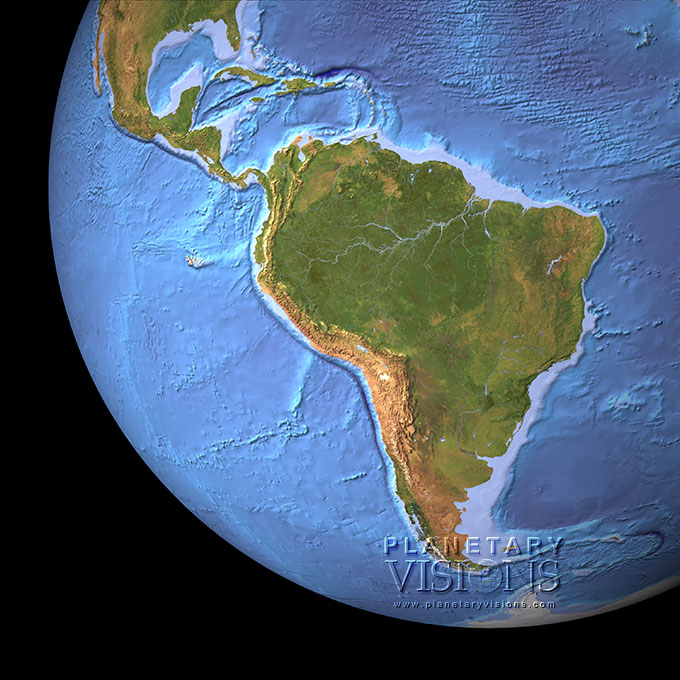 Cloud-free view of South America with ocean depth.