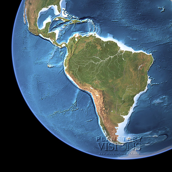 Cloud-free view of South America with ocean depth.